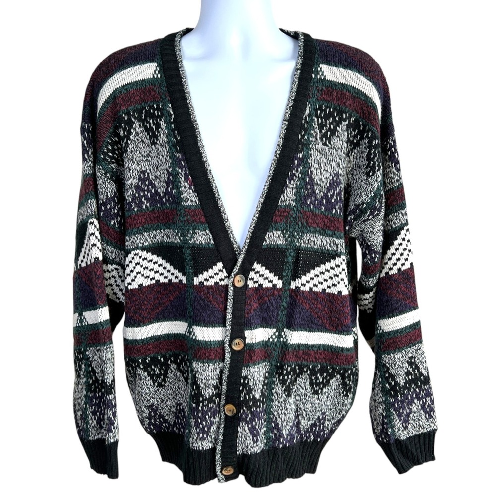 Vintage 90s Michael Gerald Grandpa Cardigan Sweater Size M Geometric Chunky‎